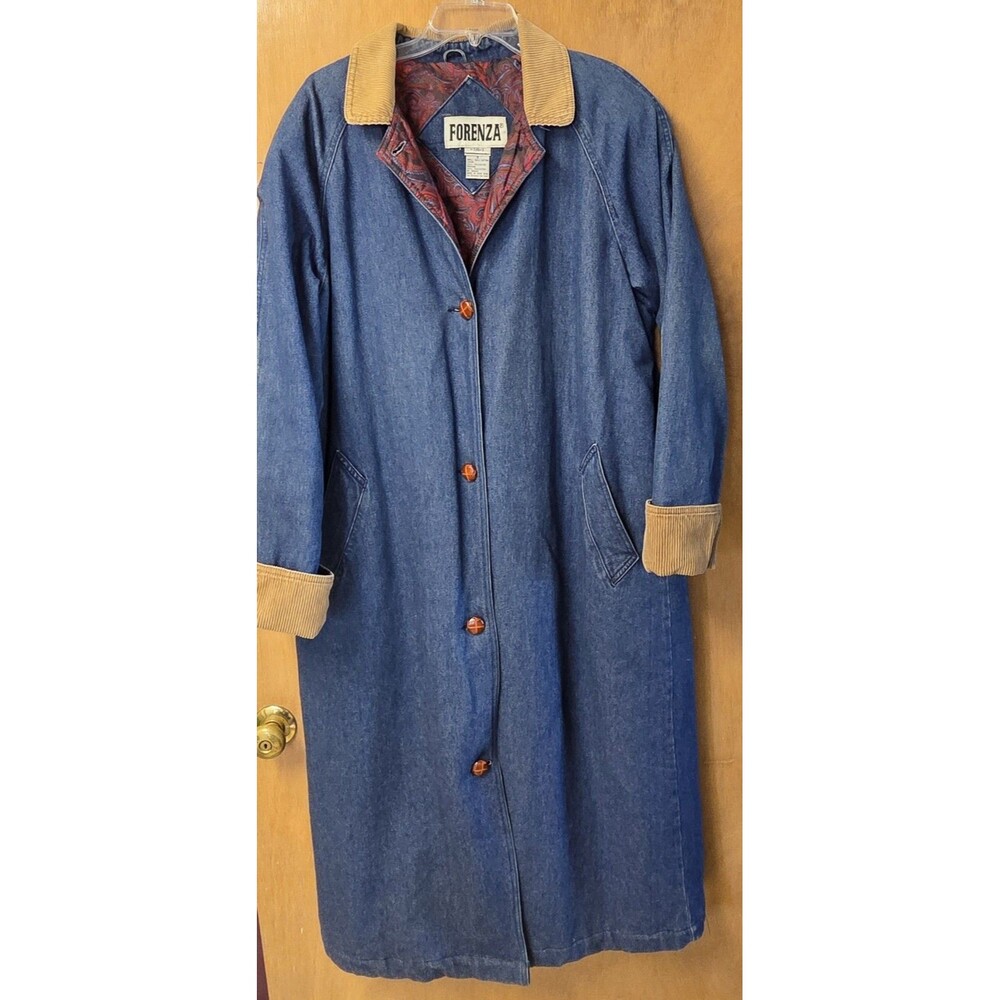 Vtg 80s 90s Forenza Denim Trench Duster Jacket Corduroy Collar Paisley Lined